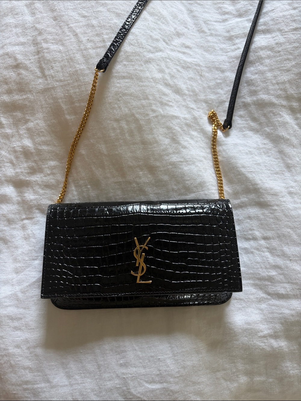 Saint Laurent Black Croc-Embossed Leather Chain Crossbody with Gold Logo